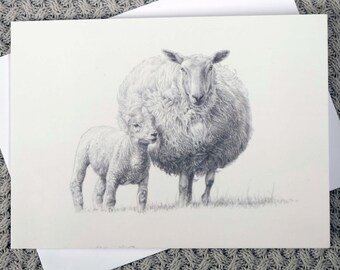 Beautiful Sheep Card - Gorgeous Ewe and Lamb Pencil Drawing, Art Greeting Card. Blank Inside.