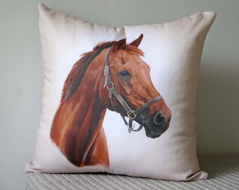 Gorgeous Horse Head Cushion Cover. Equestrian Home Decor Cushion Featuring a Painting of a Horse's Head.