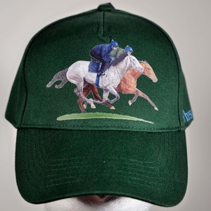 Horse Baseball Cap. Beautiful Green Horse Hat Gift Idea, With a Grey And Bay Horse Galloping. Perfect Gift for a Horse Lover.