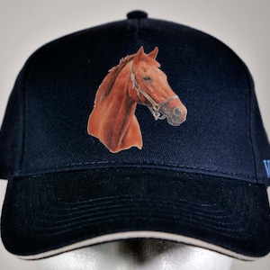 Beautiful Navy Horse Baseball Cap. Navy cap with a Stunning Horse Head Painting, of the Racehorse &#39;Kris&#39;, Printed on the Front.