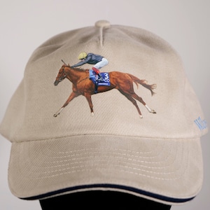 Striking Stradivarius Racehorse Baseball Cap! Features An Oil Painting of Stradivarius, Printed And Hand-Applied On The Front