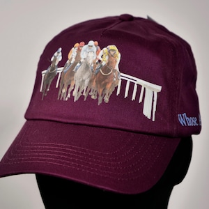 Handsome Horse Racing Hat! Beautiful Burgundy Horse Cap with a Painting of Horses Racing, Printed on the Front. Great Gift for a Horse Lover