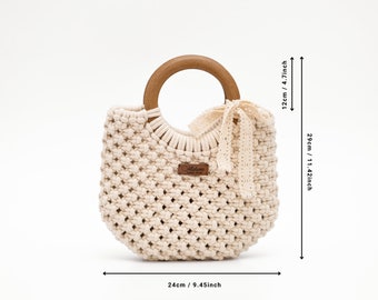 Luxury and trendy Macrame hand-held wooden handle bag