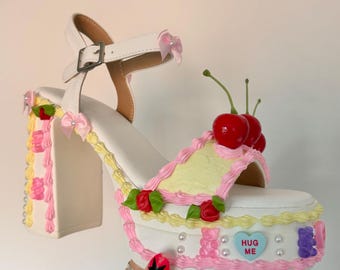 Fake Cake Platform Heels Yellow Pink With Candy Hearts Gummy