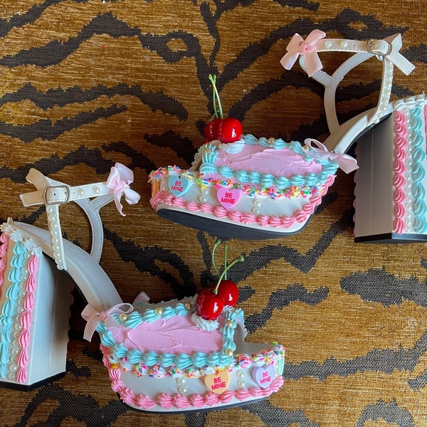 Fake Cake Platform Heels ~ Pastel Pink, Blue + Candy Hearts & Sprinkles