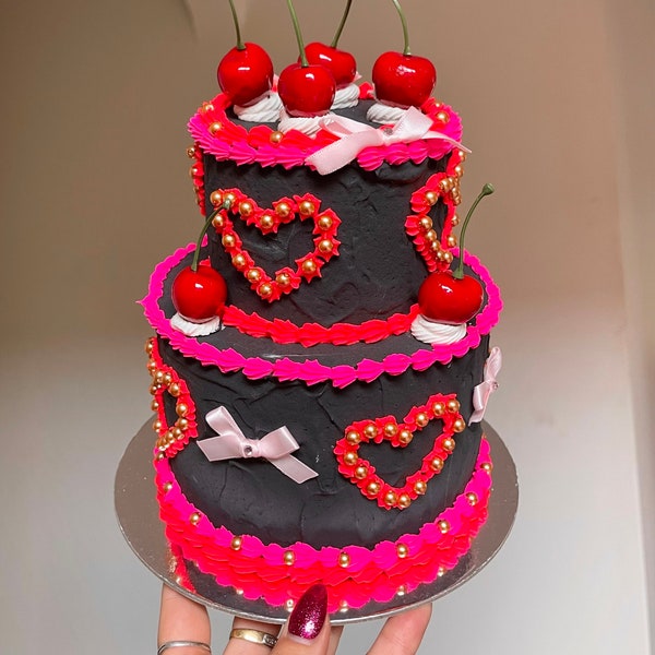 Fake Cake ~ Two Tier Black & Neon Orange + Pink ~ Hearts, Bows and Cherries on top