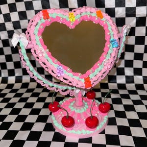Fake Cake Heart Mirror ~ Pastel Green & Pink ~ Cherries +  Gummy Bears