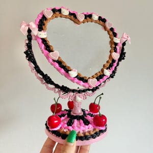 Fake Cake Heart Mirror ~ Pink, Black & Choc ~ Cherries, Kitties +  Hearts