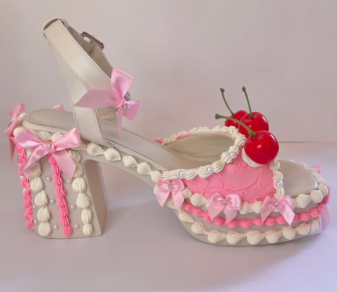 Fake Cake Platform Heels Pastel Pink White With Bows Etsy