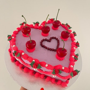 Fake Cake ~ Large Neon and Lilac Heart~ with Cherries and Roses