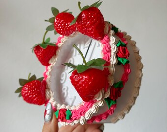 Fake Cake Clock ~ Small ~  Pink & White  ~  Roses and Strawberries