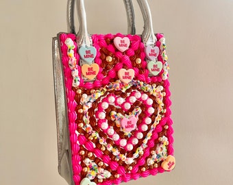 Fake Cake Purse Bag ~ Pink, White & Choc ~ with Sprinkles and Candy Hearts - Silver Bag