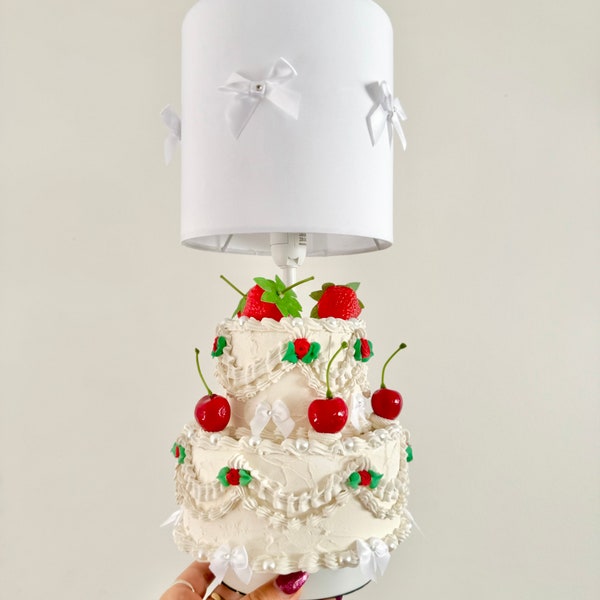 Fake Cake Lamp - White ~ Cherries, Strawberries and Roses