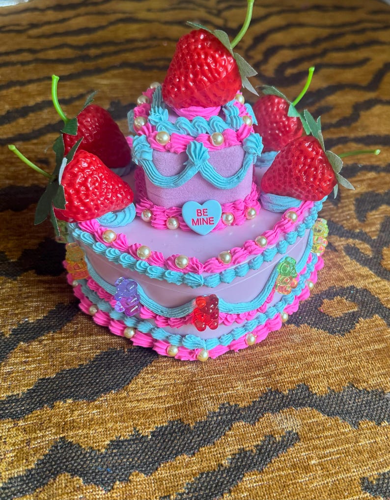 Two Tier Fake Cake Heart Box and Ring Box Strawberries & Gummy Bears