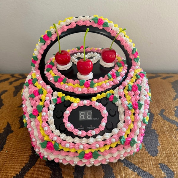 Fake Cake CD Player - Black, Pink, Yellow ~ Cherries, Heart + Roses