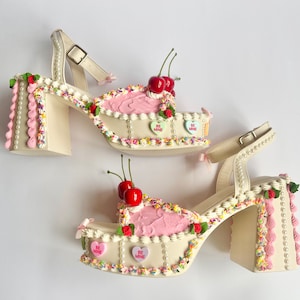 Fake Cake Platform Heels ~ Pastel Pink + White with Candy Hearts + Sprinkles