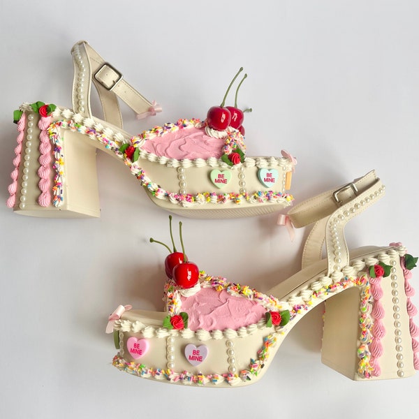 Fake Cake Platform Heels ~ Pastel Pink + White with Candy Hearts + Sprinkles