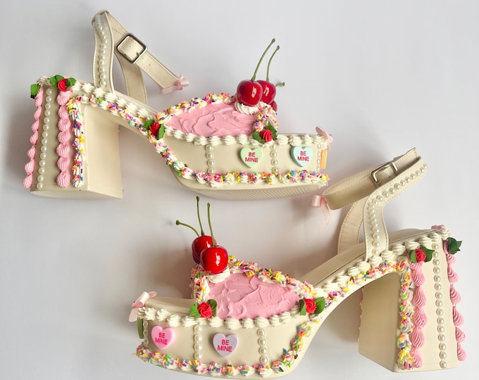 Fake Cake Platform Heels Pastel Pink White With Candy Hearts Sprinkles