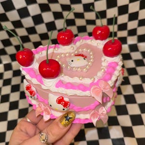Fake Cake Heart Box ~  Pink & White ~ with Cherries + Kitties