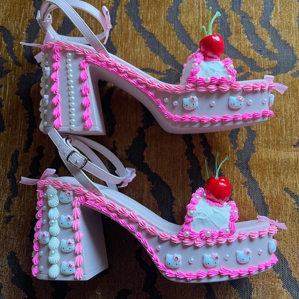 Fake Cake Platform Heels ~  Pink + Hot Pink  + Mini Kitties