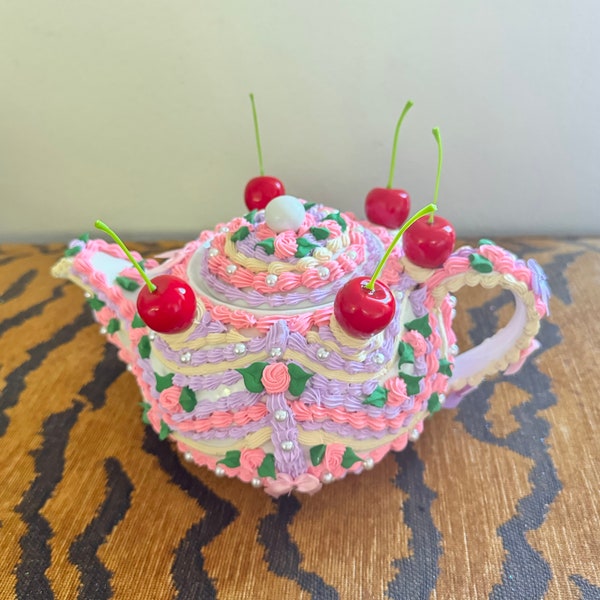 Fake Cake Porcelain Large Teapot - Pink & Lilac ~ Cherries and Flowers