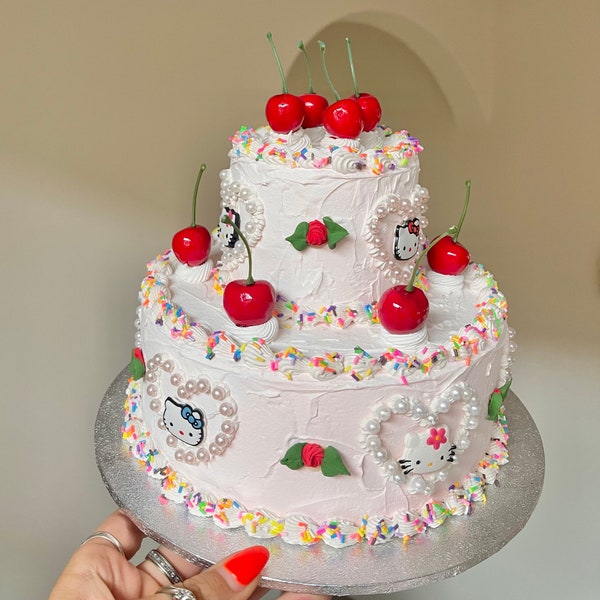 Fake Cake ~ Two Tier White H Kitty ~ Hearts, Roses, Cherries and Sprinkles