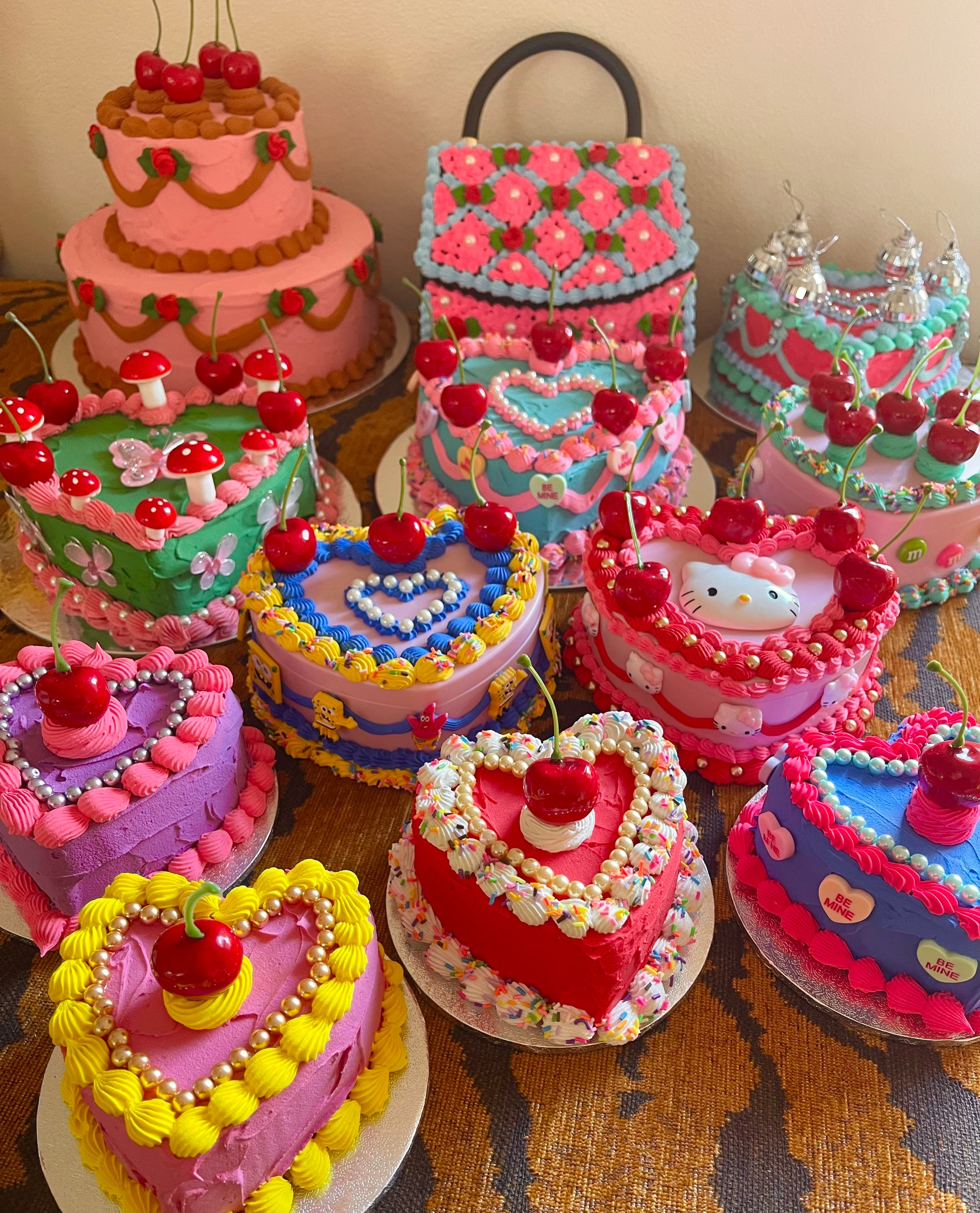 Fake Cake Heart Box ~ Pink, Blue & Yellow ~ With Cherries + Sponge