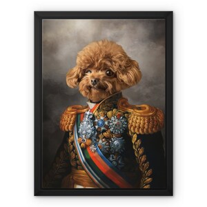 May include: A framed canvas print showing a brown poodle in a military uniform. The dog is depicted with a serious expression, wearing a dark blue jacket with gold epaulettes, medals, and a colourful sash. The background is a muted grey.