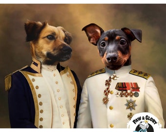 The Admiral & The Sargent Pet Portrait | Custom Dog Portrait | 2 Pet Portrait Royal | Two Pets Portrait | Funny Pet Lover Gift