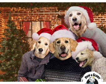 Os retratos de animais de estimação da família de Natal | Retrato de vários animais de estimação | Retrato personalizado de animal de estimação de Natal | Retrato de animal de estimação de cachorro | Presentes de Natal para animais de estimação