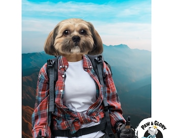 The Hiker Pet Portraits | Custom Dog Pet Portrait | Personalized Pet Portrait | Funny Custom Pet Portraits | Unique Dog or Cat Portrait