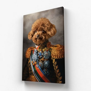 May include: Canvas print of a poodle in a military uniform. The dog has a brown coat and wears a black jacket with gold epaulettes, medals, and a colourful sash. The background is a muted grey, creating a regal portrait.