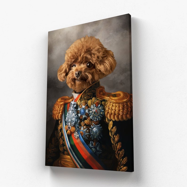 May include: Canvas print of a poodle in a military uniform. The dog has a brown coat and wears a black jacket with gold epaulettes, medals, and a colourful sash. The background is a muted grey, creating a regal portrait.