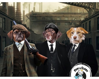 Retratos de animais de estimação dos irmãos Peaky Blinders | Retrato de vários animais de estimação | Retratos personalizados de animais de estimação | Retrato de animal de estimação real | Retrato engraçado de animal de estimação | Arte canina