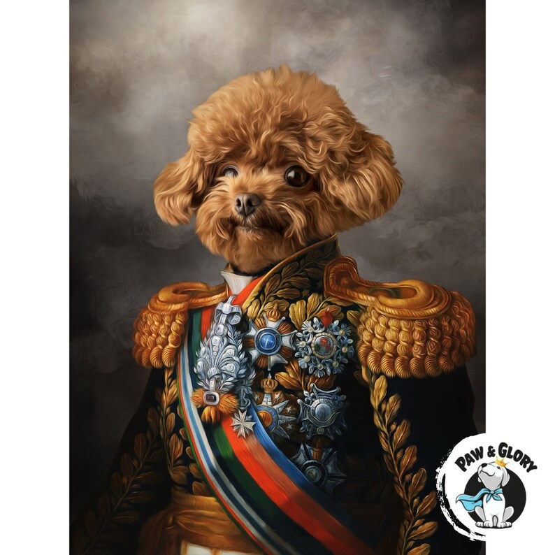 May include: A portrait of a brown poodle in a military uniform with gold shoulder pieces, medals, and a colourful sash. The dog's fur is styled in a fluffy, curly manner. The background is a muted grey. The Paw & Glory logo is in the bottom right corner.