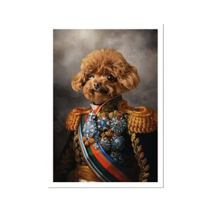 May include: A framed portrait of a brown poodle in a military uniform. The uniform features gold epaulettes, medals, and a colourful sash. The dog's fur is styled in a fluffy, curly manner, against a muted grey background.