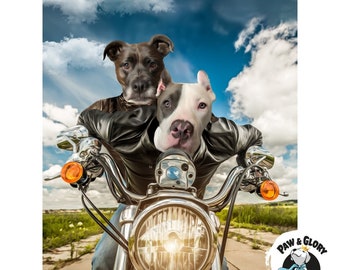 Harley Wooferson Pet Portrait | Human & Pet Portrait | Motorbike Gift | 2 Pet Portrait | Pet Portrait | Dog Portrait | Funny Dog Gift Ideas