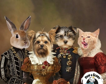 Os 4 retratos de animais de estimação nobres | Retrato de vários animais de estimação | Retrato personalizado de animal de estimação | Retrato de animal de estimação real | Animais de estimação da família | Retrato engraçado de animal de estimação | Arte canina