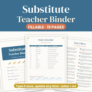 May include: A digital substitute teacher binder template set featuring 19 fillable pages. The documents include a cover page, a daily schedule, and time fillers, all designed in a blue and white color scheme with pencil icons.