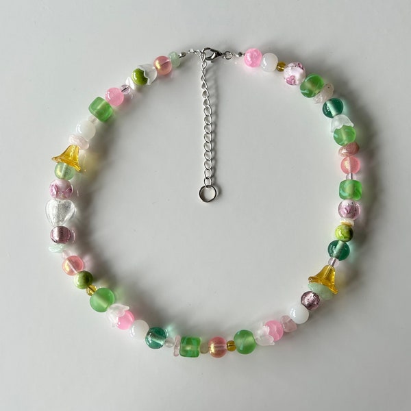 Fairy Unique Mixed Beaded Necklace | Pink, Green | 15 - 18 Inches