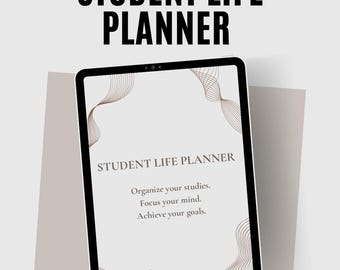 May include: A digital tablet displaying a "Student Life Planner" with text that reads "Organize your studies. Focus your mind. Achieve your goals." The tablet is black with a white screen and brown decorative lines. The brand name "SAMVCREATIONS" is at the bottom.