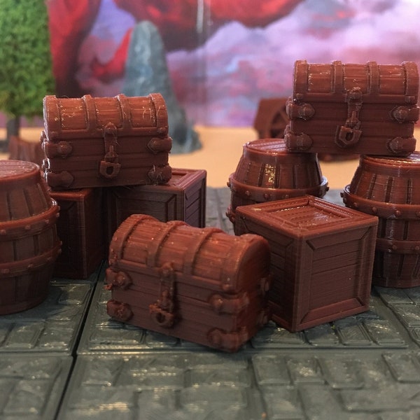 Miniature Chests, Crates, and Barrels| Treasure and Loot for D&D | 28mm Tabletop RPG