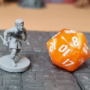Puede incluir: Una figura en miniatura de plástico gris de una persona que sostiene dos dagas, de pie sobre una base gris. La figura está al lado de un dado de 20 caras naranja con números blancos.