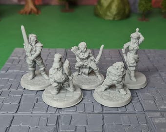 May include: Five gray miniature fantasy figures on round bases. The figures include a warrior with a sword, a dwarf with a shield, an archer with a bow, a figure with a sword, and a crouching figure. The miniatures are on a gray tile surface.
