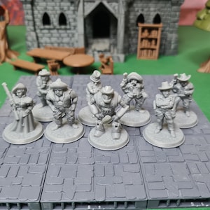 May include: A set of eight miniature figures, painted in a gray color, standing on a gray stone base. The figures are wearing various hats and clothing, and some are holding weapons.