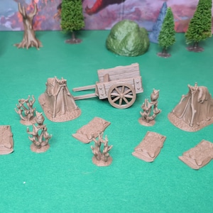 キャンプ場拡張 | 28 mm (D&D) | テント、寝袋、カート、低木ミニチュア | テーブルトップ RPG