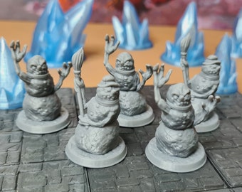 May include: Five gray painted miniature snowmen figurines with raised arms and a menacing expression. Each snowman is standing on a gray circular base.