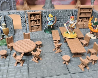 Furniture Props | 28mm (D&D) | Miniature Chairs, Stools, Benches, Tables, and Bookcase Terrain | Tabletop RPG