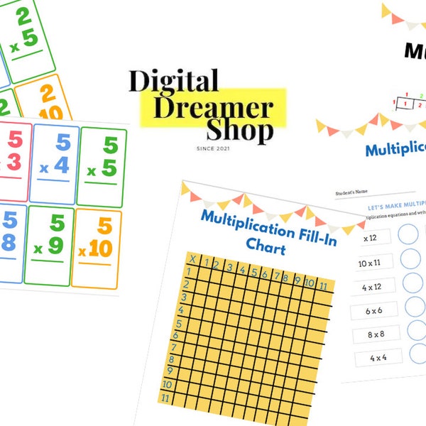 Multiplication Practice Set (Downloadable PDF Chart, Flashcards, & worksheets)