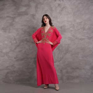 Moroccan kaftan Dress Fuchsia with gold beads, red dress for wedding guest, women&#39;s caftans plus size, valentine dress